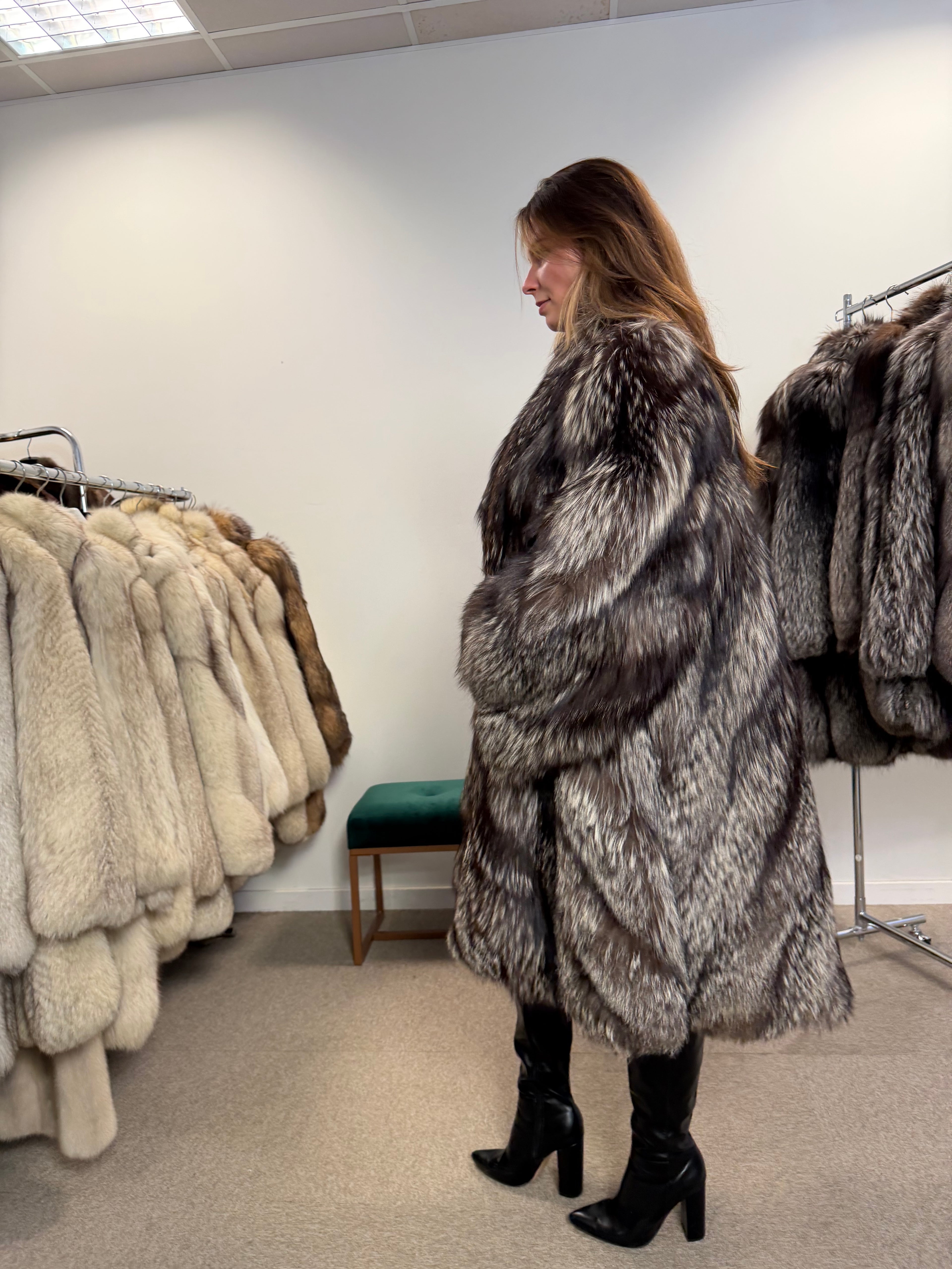 Silver Fox Real Fur Coat, Size XXL, Full Length Shawl Collar