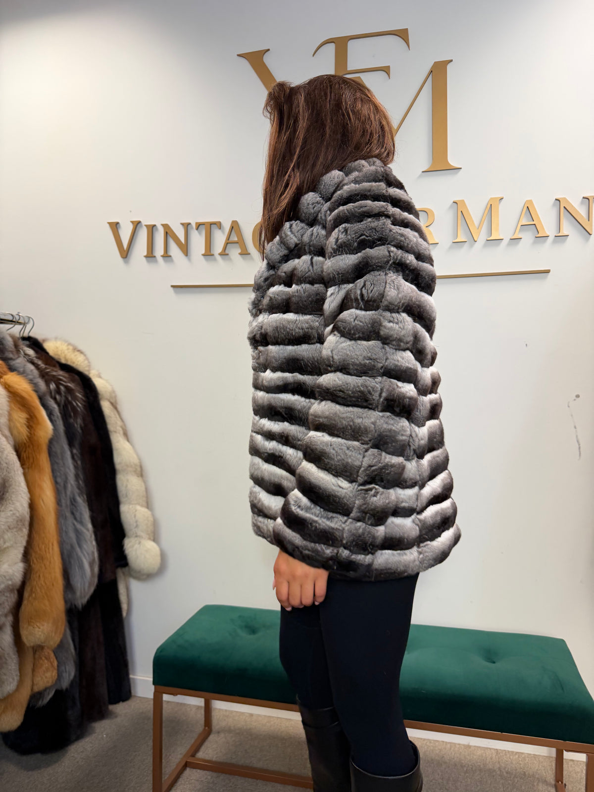 Chinchilla Fur Jacket, Grey, Medium, New Handmade
