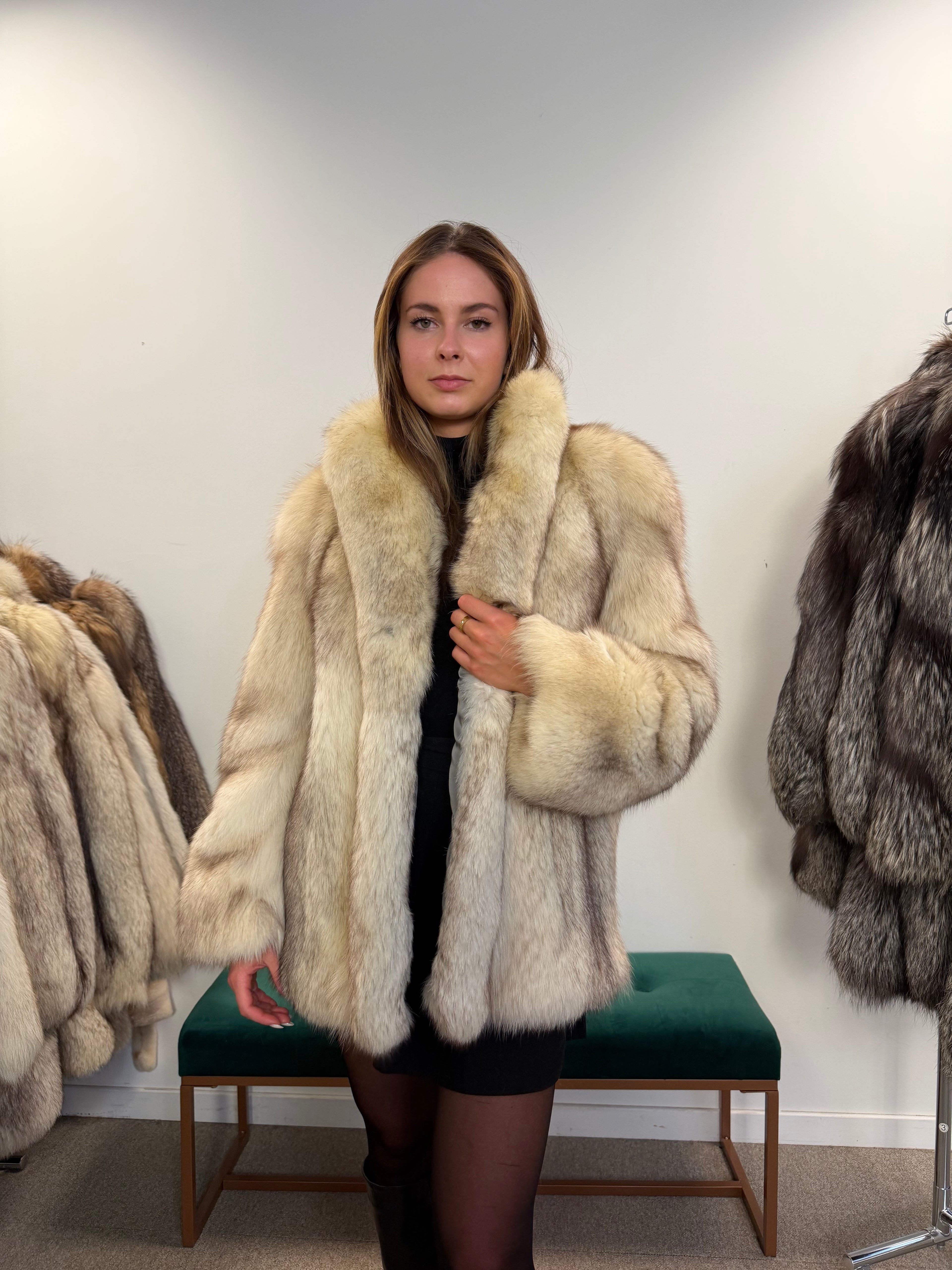 White Nordic Fox Real Fur Jacket, Size M