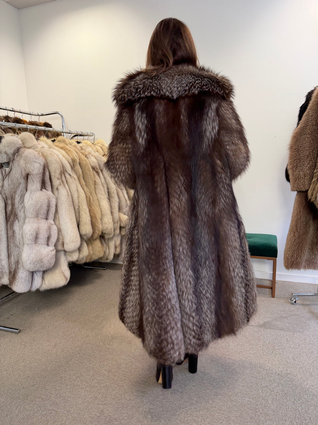 Silver Fox Fur Coat, Full Length, Size M