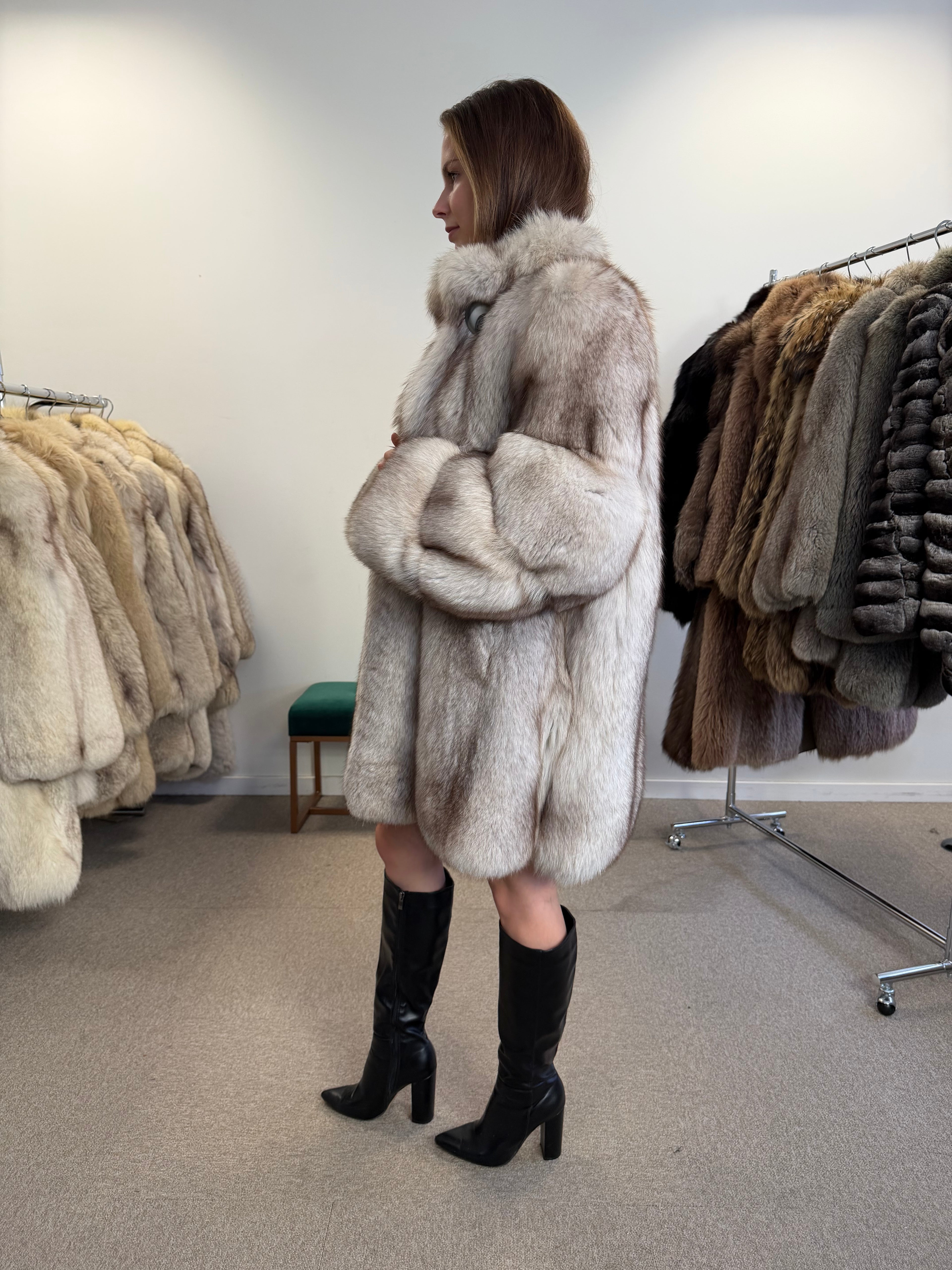 Blue Fox Fur Coat, Bright White, Size M