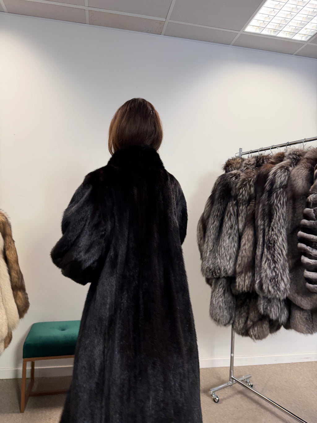 Mink Fur Coat, Black Brown, Full Length, Size XL
