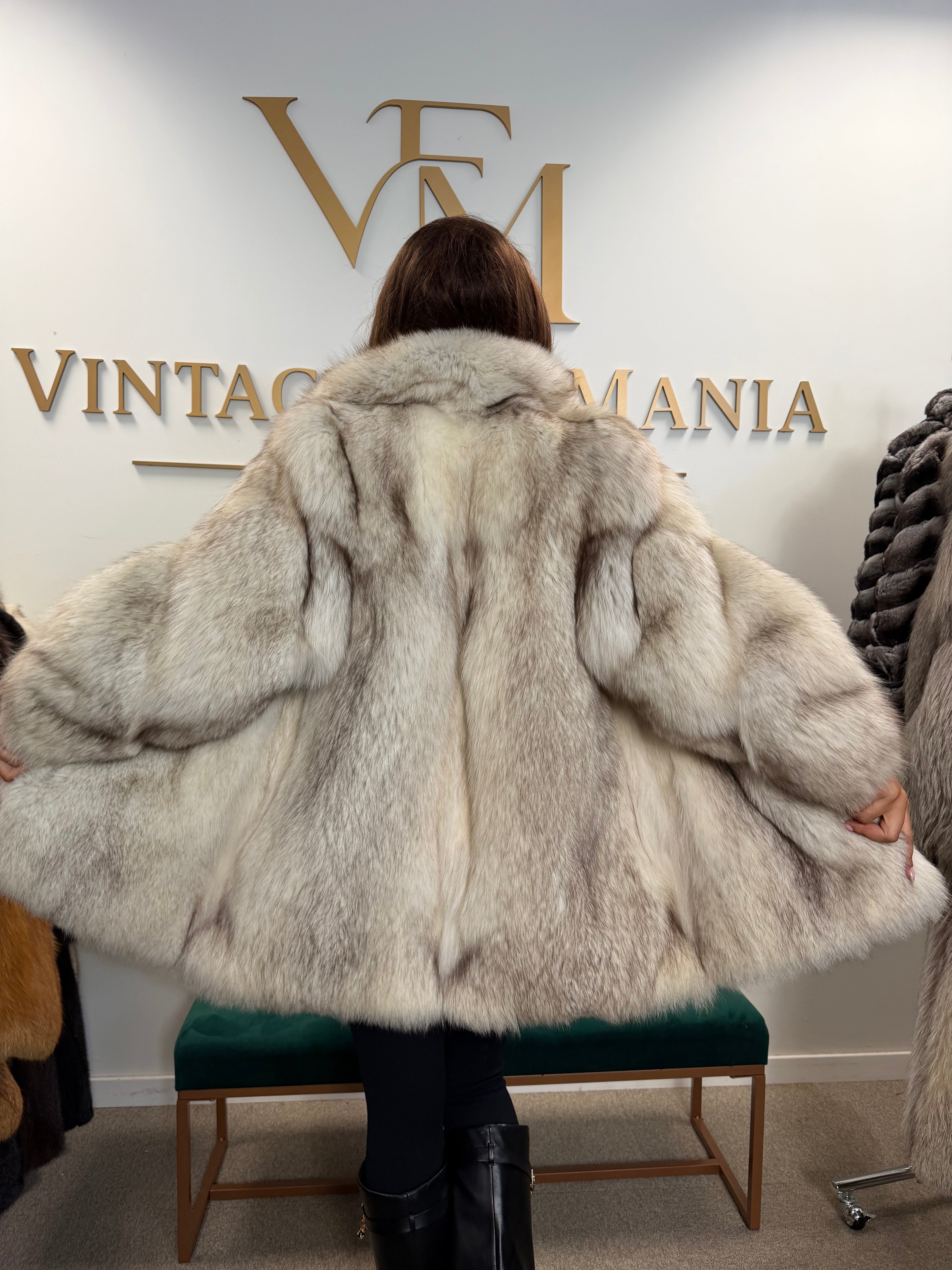 White Blue Fox Fur Coat, Soft, Small