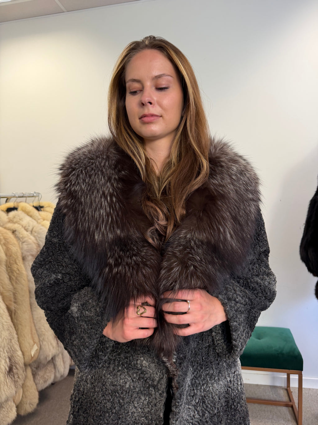 Grey Astrakhan Fur Coat, Silver Fox Collar, Medium, Special Style