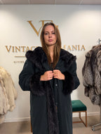 Blue & Black Mink-Lined Overcoat, XL, Hooded, Fox Collar