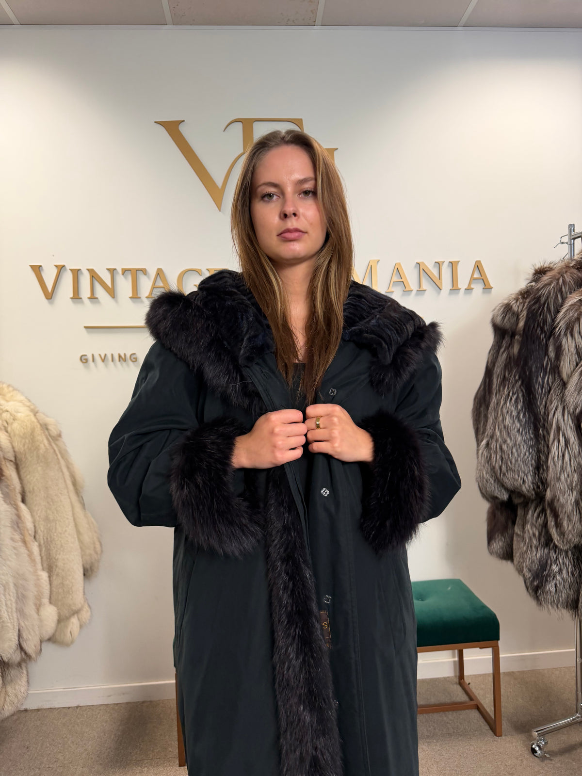 Blue & Black Mink-Lined Overcoat, XL, Hooded, Fox Collar