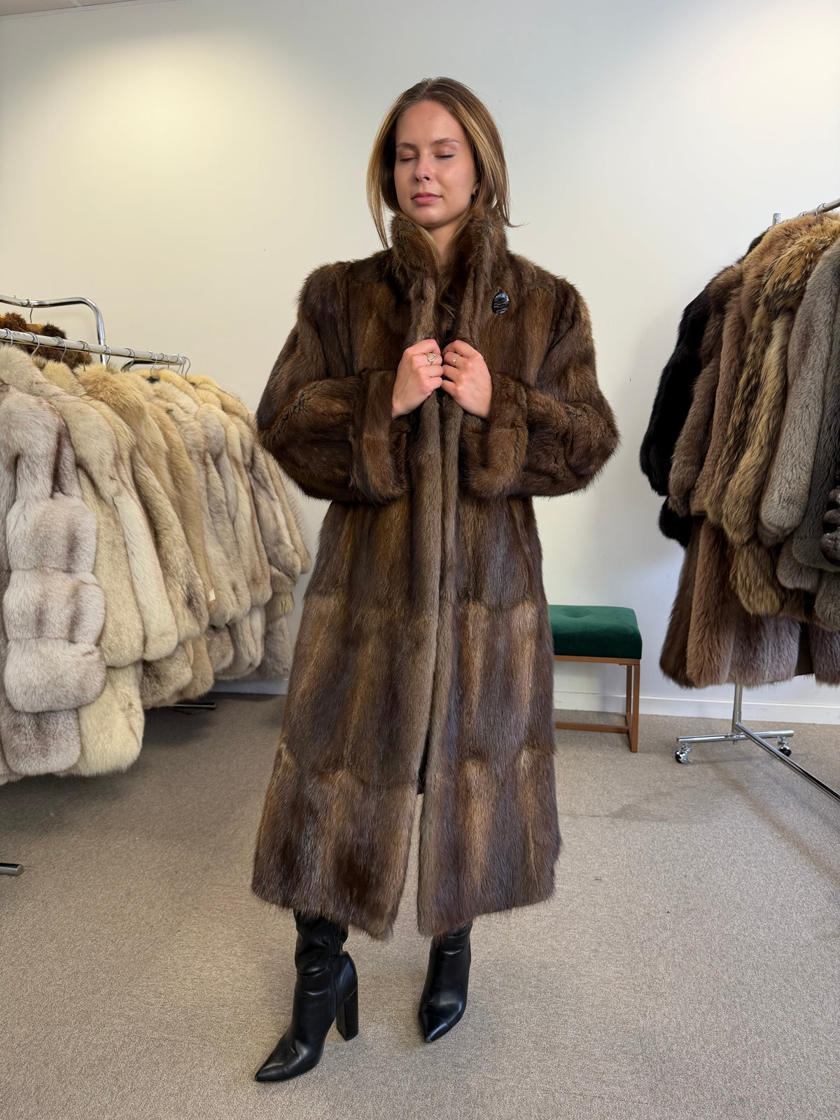 Brown Beaver Fur Coat, Full Length, XL Fits M to L