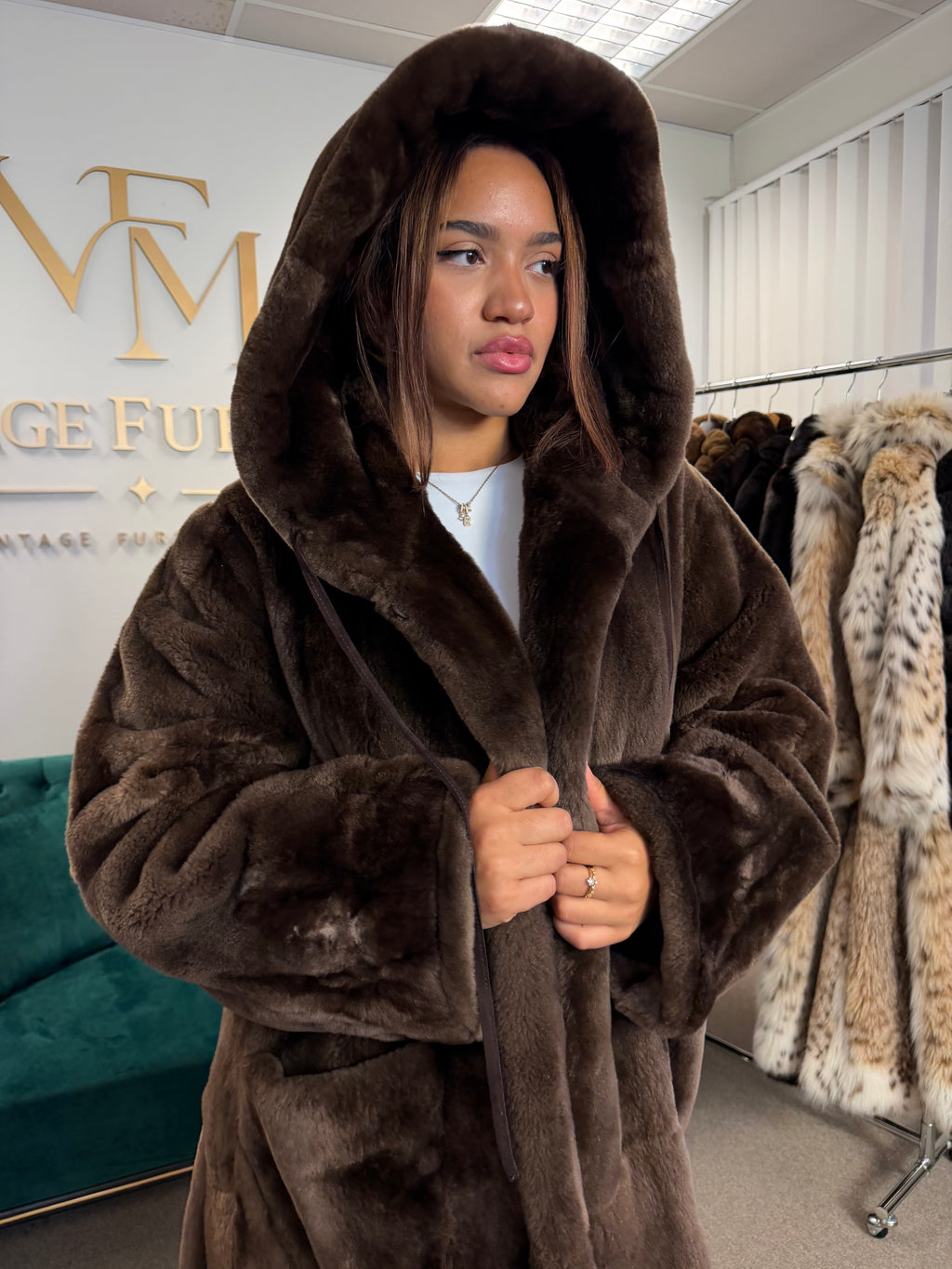 Sheared Beaver Fur Coat, Hooded, Oversize up to 3XL