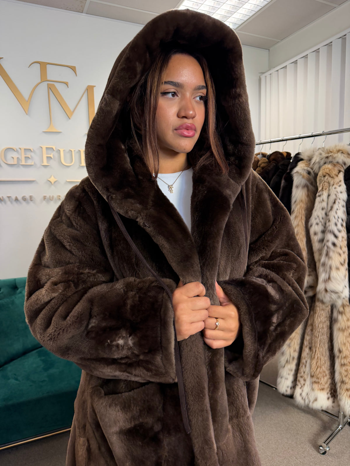 Sheared Beaver Fur Coat, Hooded, Oversize up to 3XL