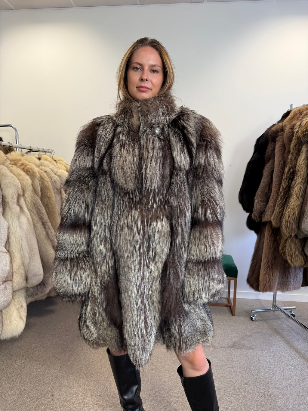 Real Silver Fox Fur Coat, Oversized, Size XL
