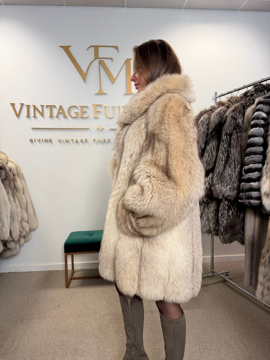 White Fox Fur Coat, Large, Brown Lining