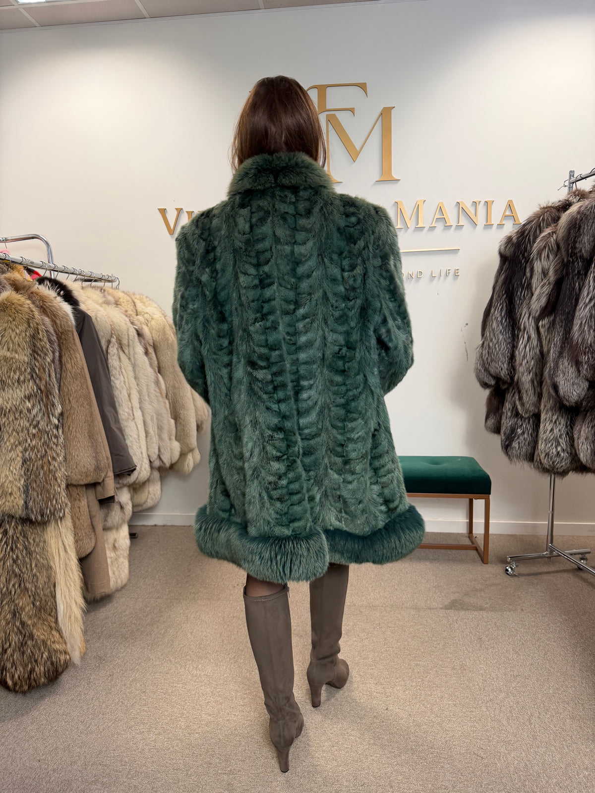 Green Dyed Mink Fur Coat with Fox Collar, XL