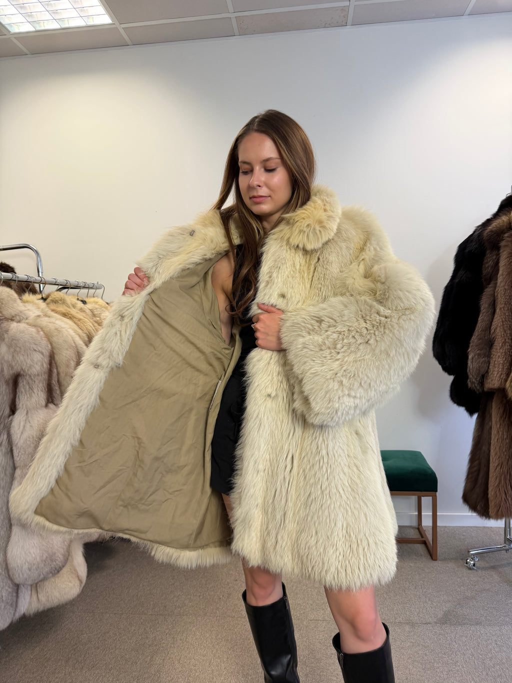 Fox Fur Coat, White, Size XL
