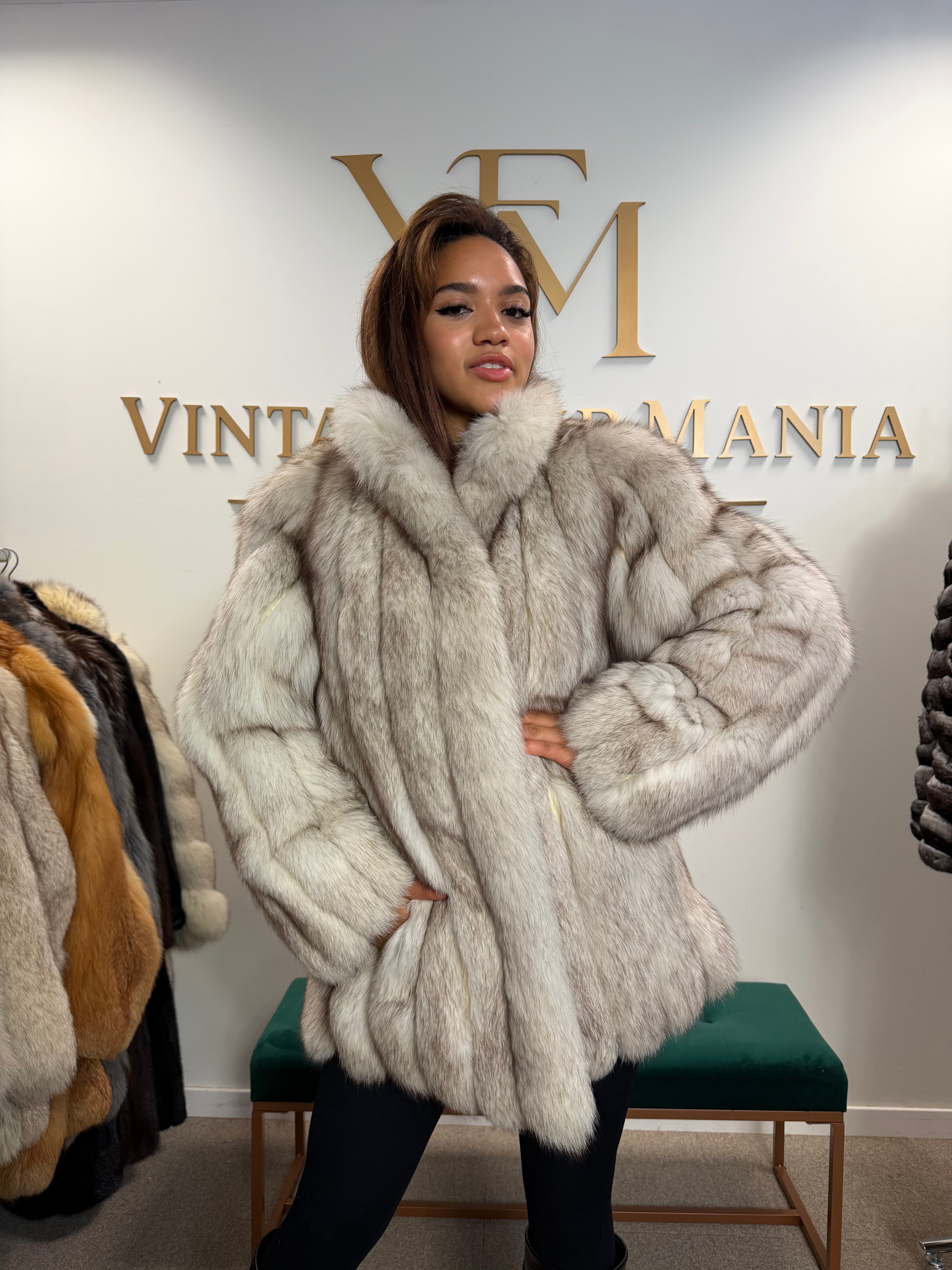 White Blue Fox Fur Jacket, Short and Soft, Medium