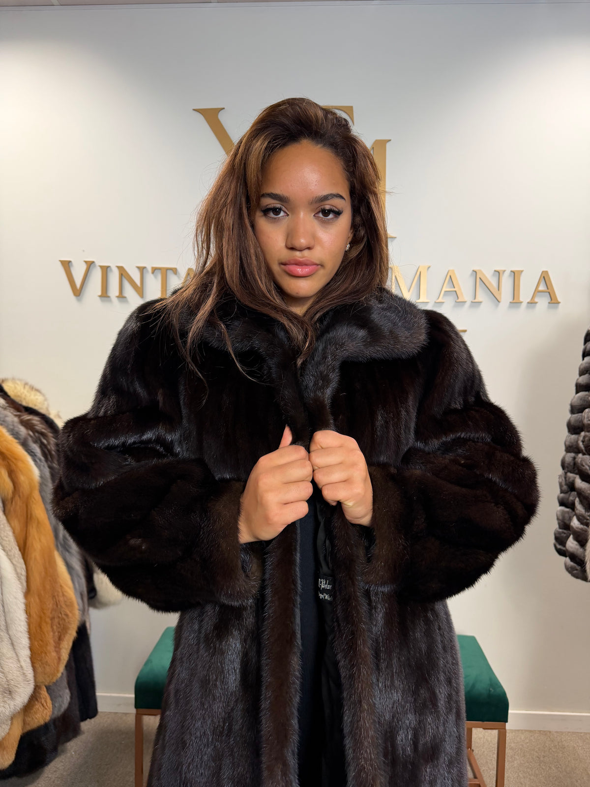 Mink Fur Coat, Dark Brown Almost Black, XL, Crown Lining