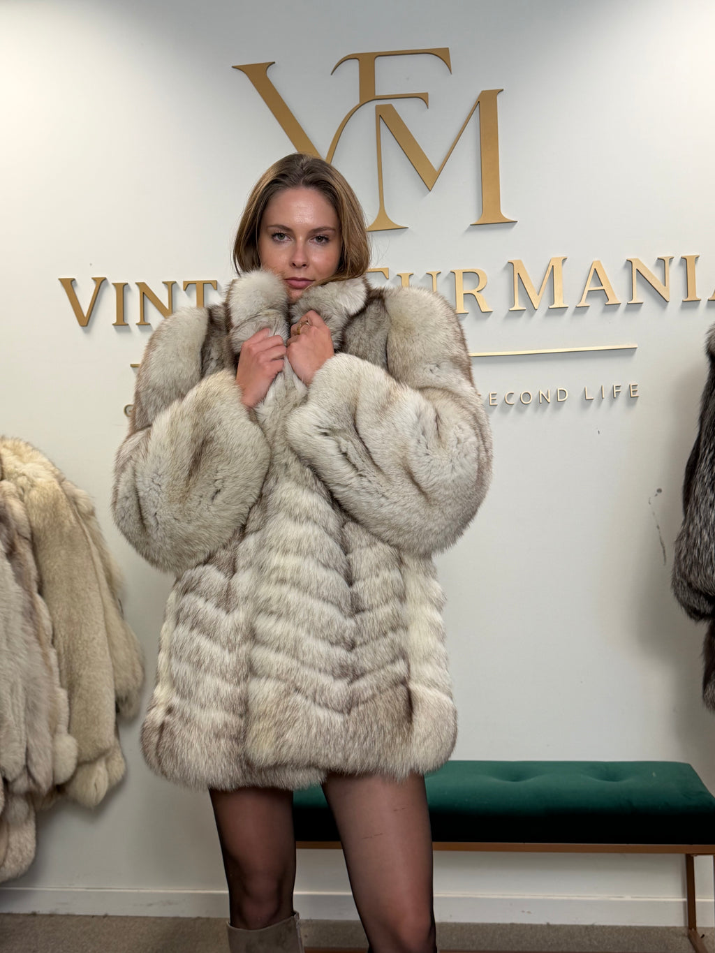 White Fox Fur Coat, Medium, Trimmed