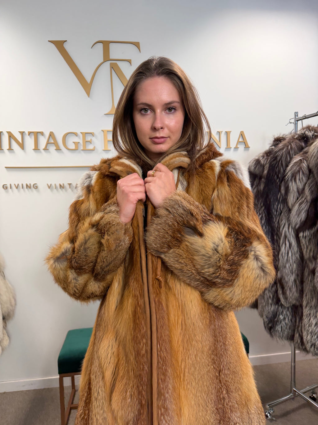 Red Fox Fur Coat, Large, Hooded