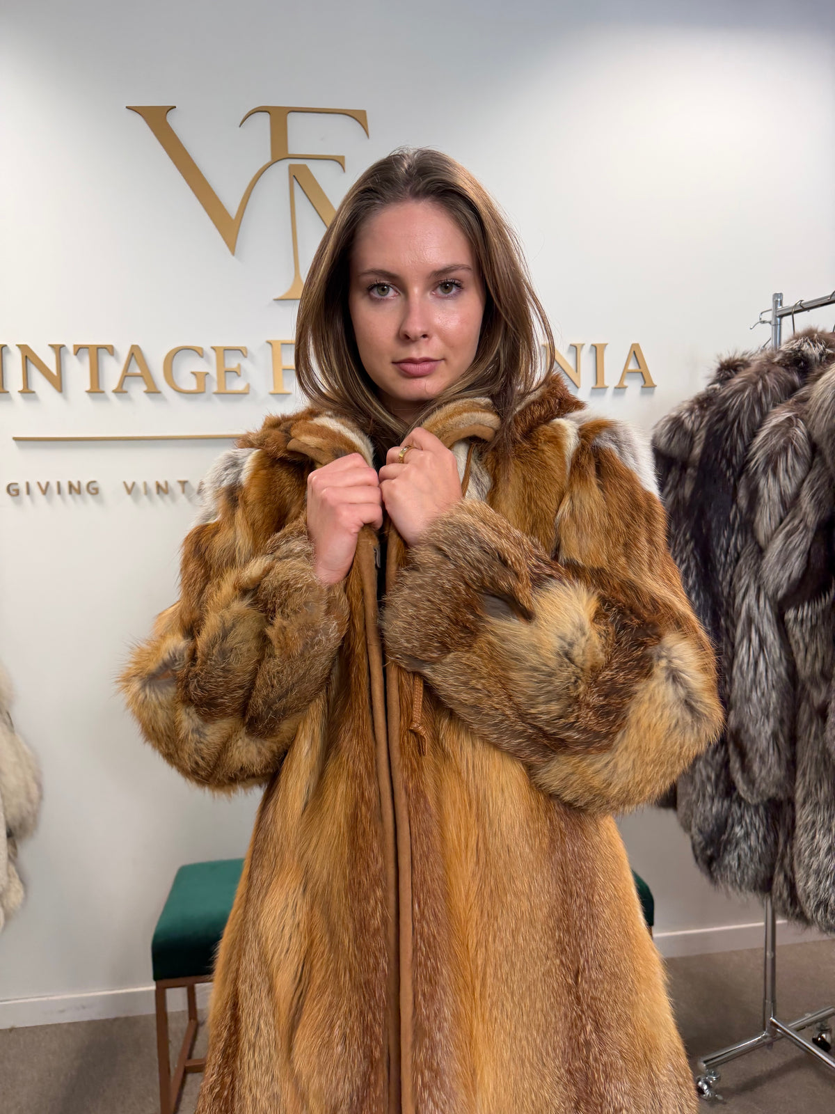 Red Fox Fur Coat, Large, Hooded