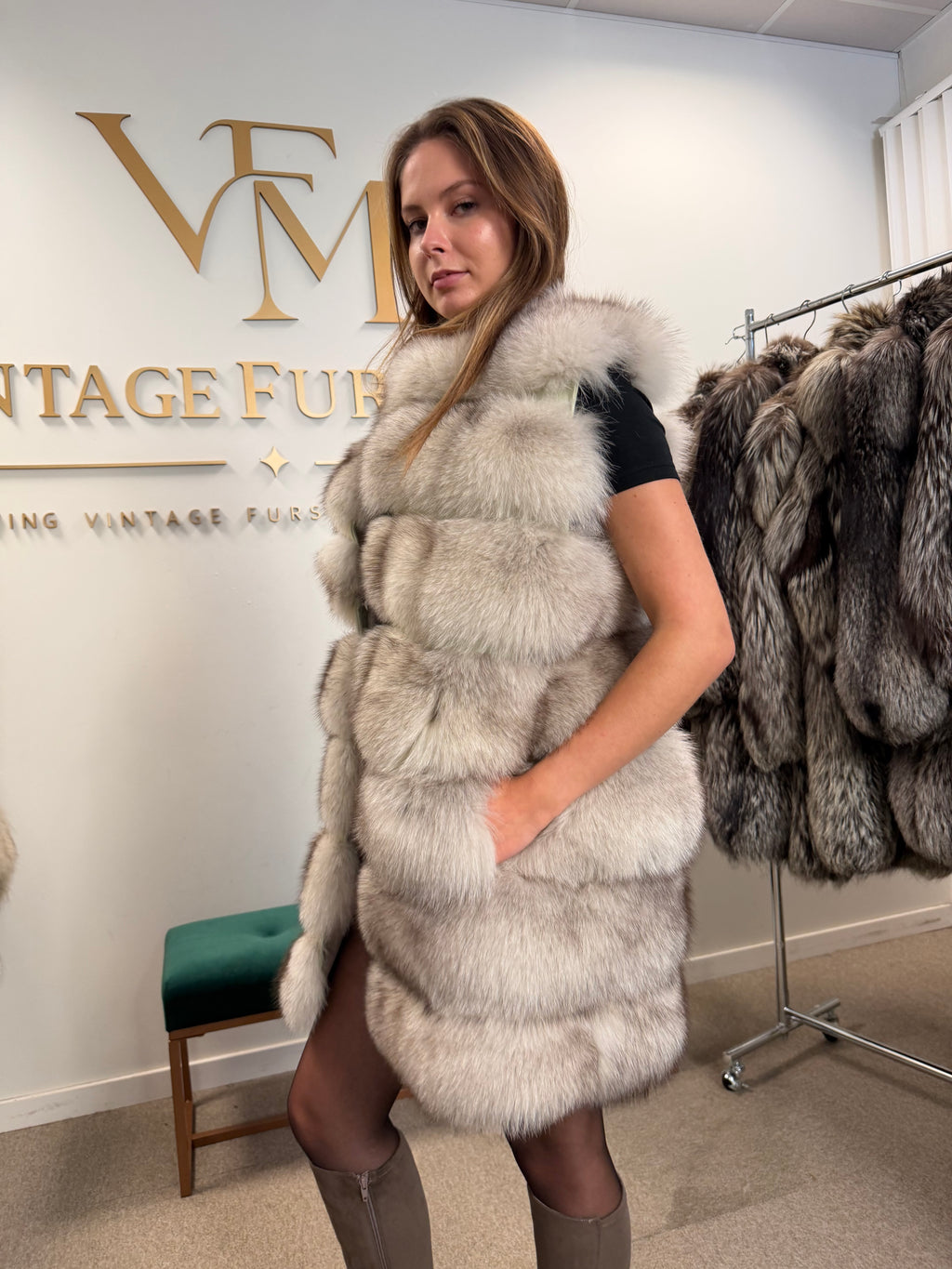 White Nordic Fox Fur Vest, Medium, New