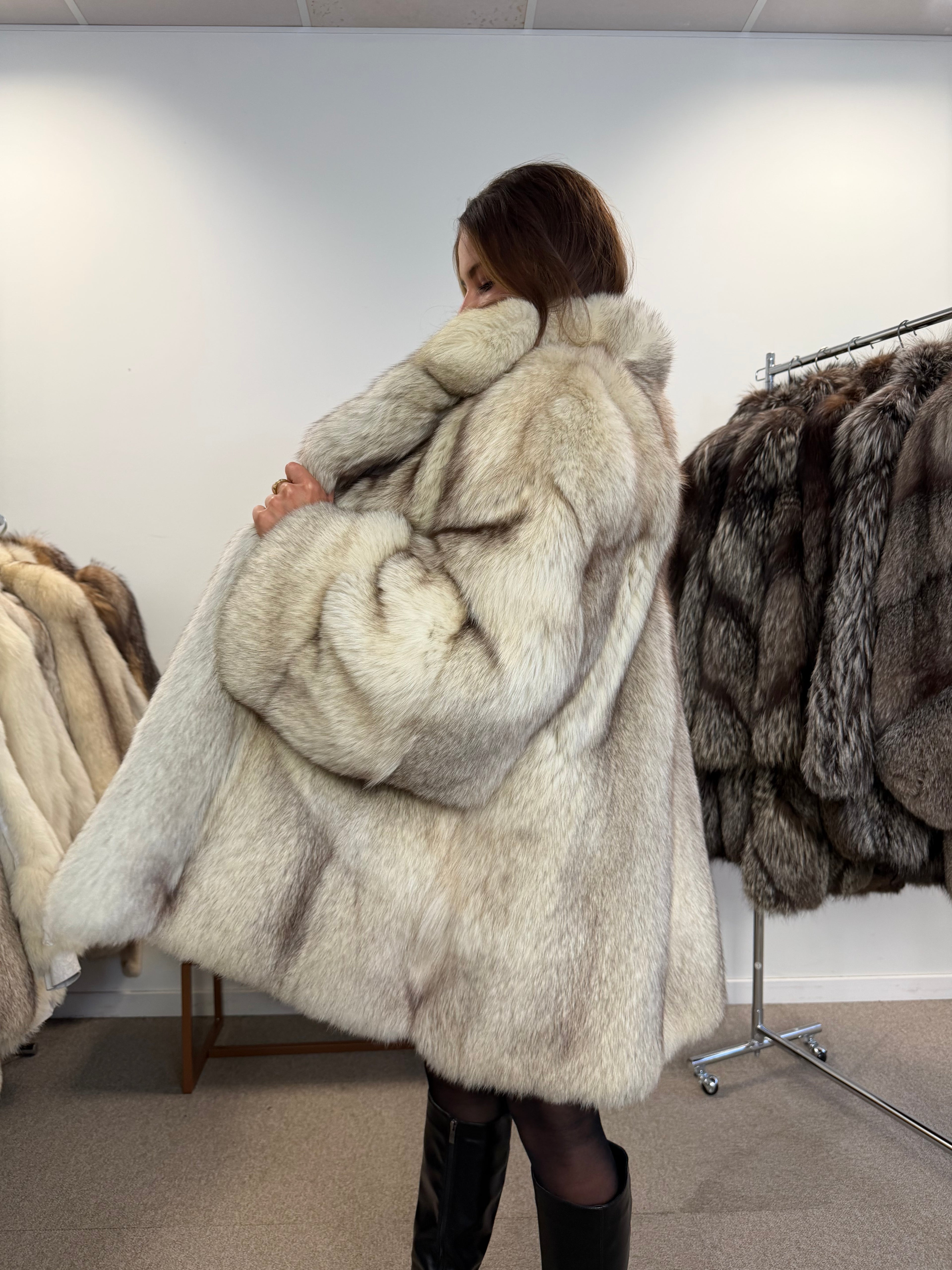 White Blue Fox Fur Coat, Size XL