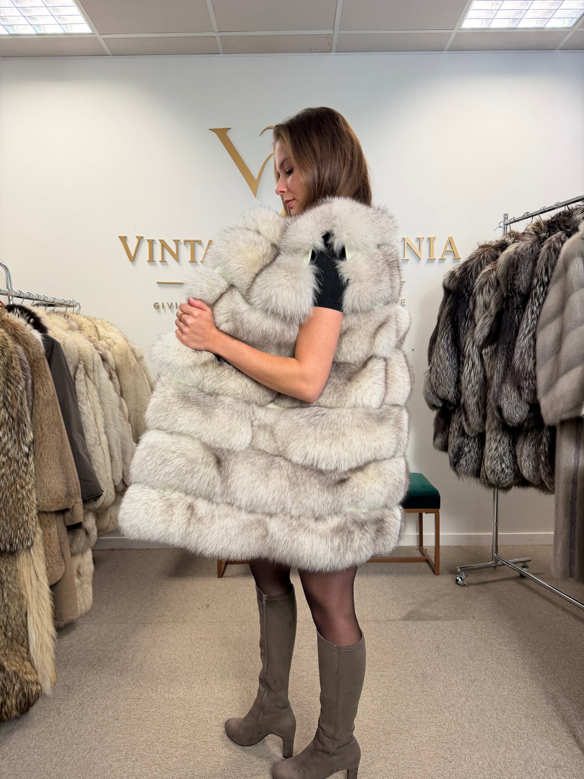 White Nordic Fox Fur Vest, Medium, New