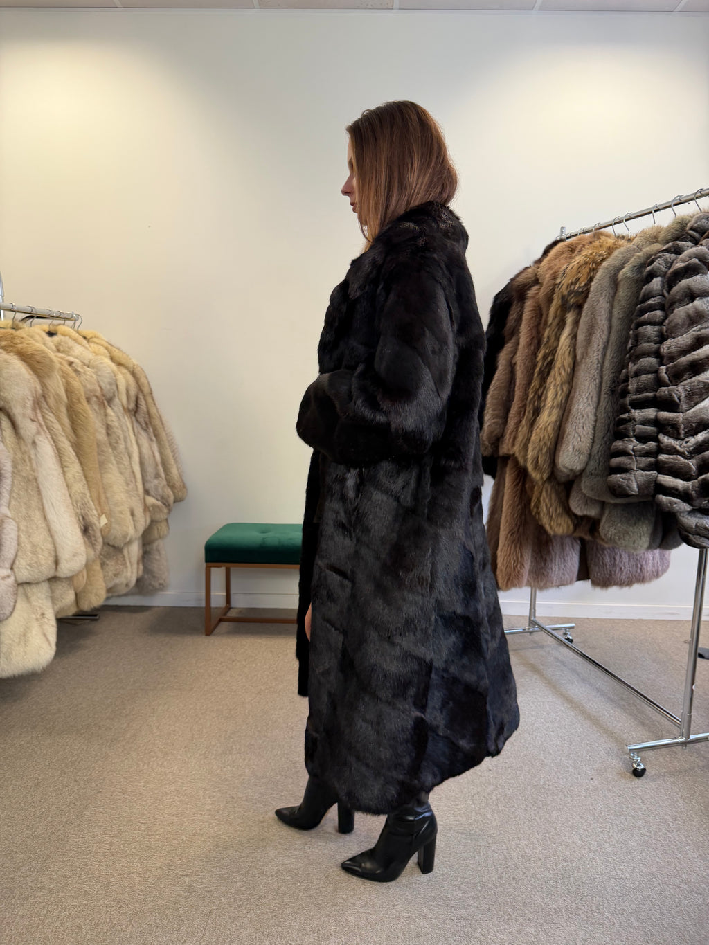 Black Rabbit Fur Coat, Large, Full Length, Soft