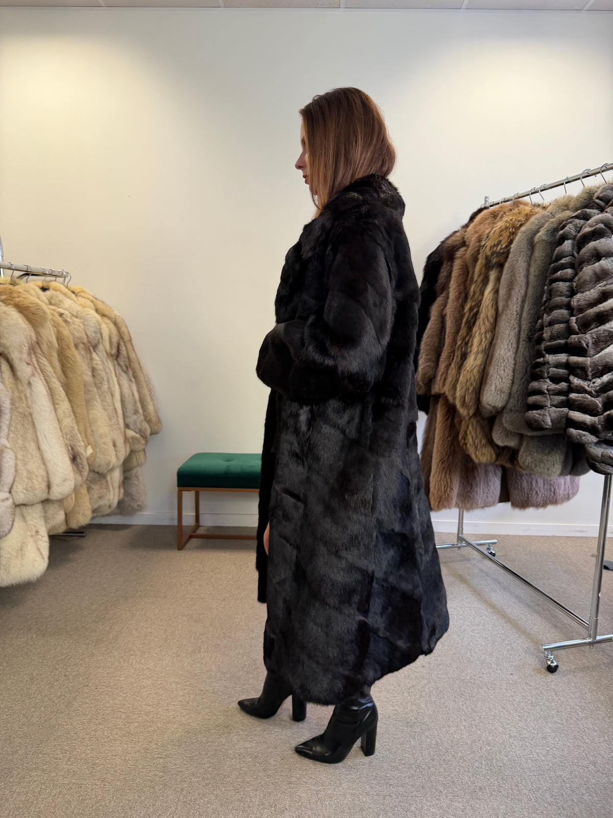 Black Rabbit Fur Coat, Large, Full Length, Soft