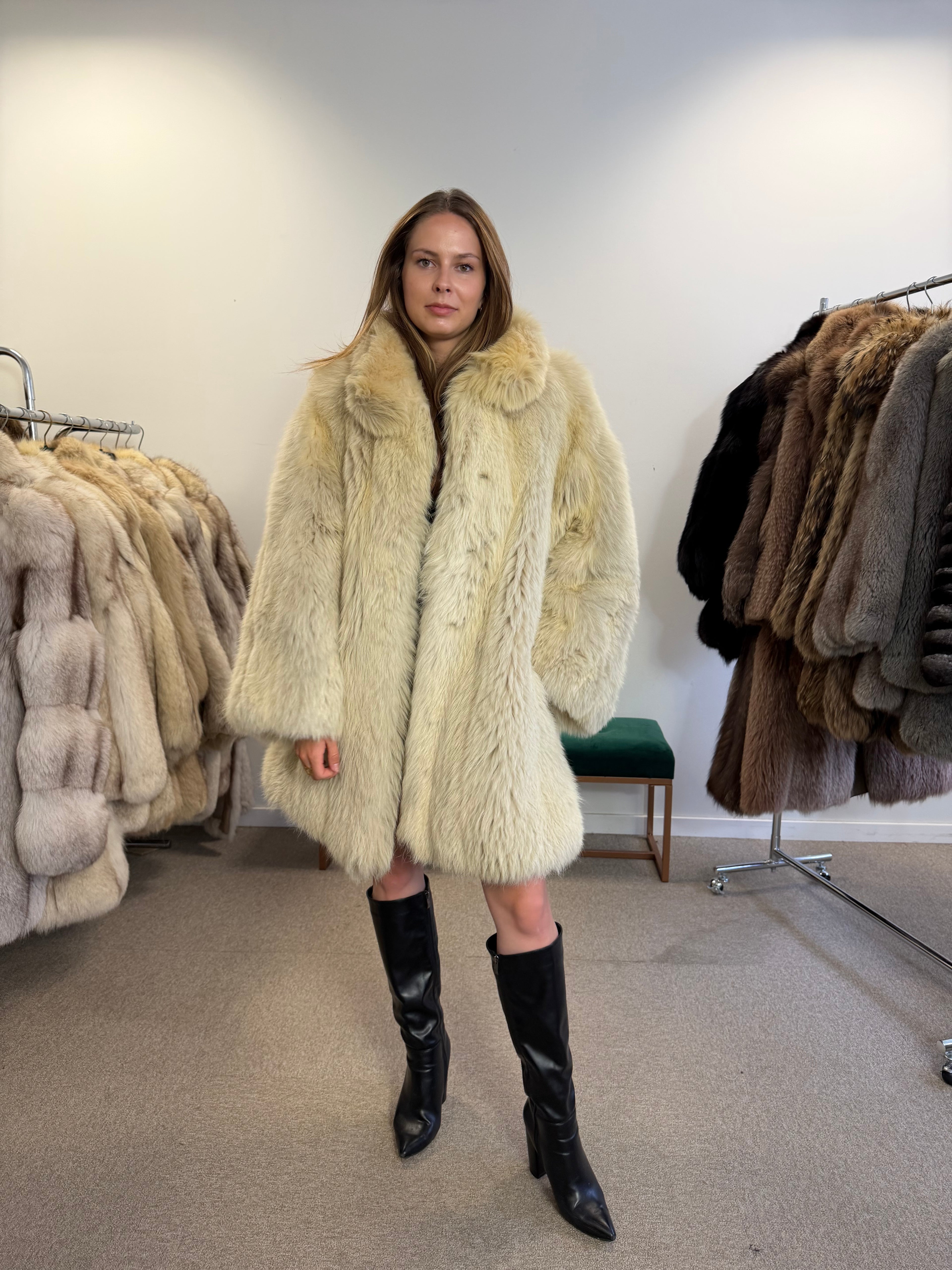 Fox Fur Coat, White, Size XL