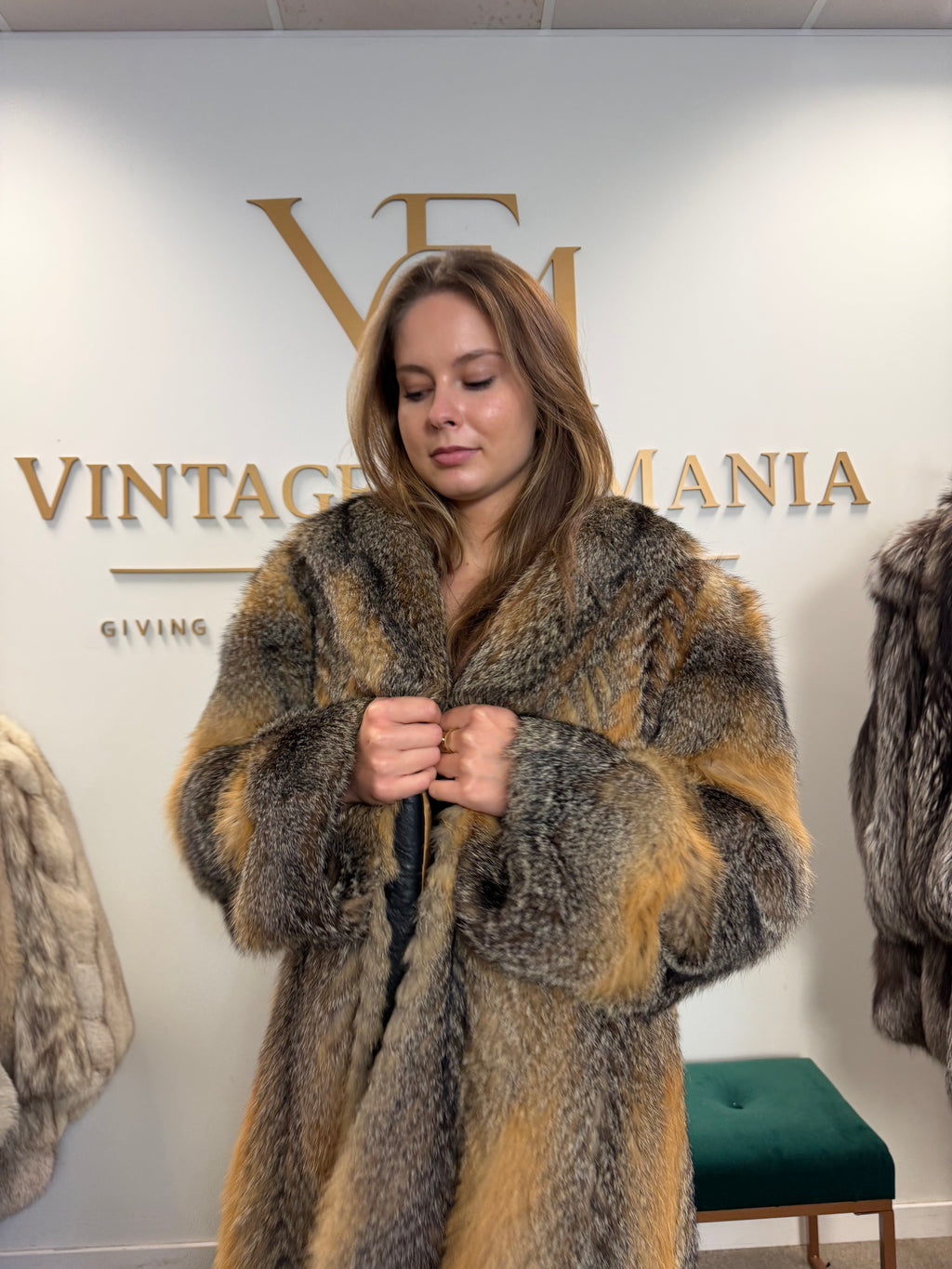 Grey Cross Fox Fur Coat, Large, Full Length
