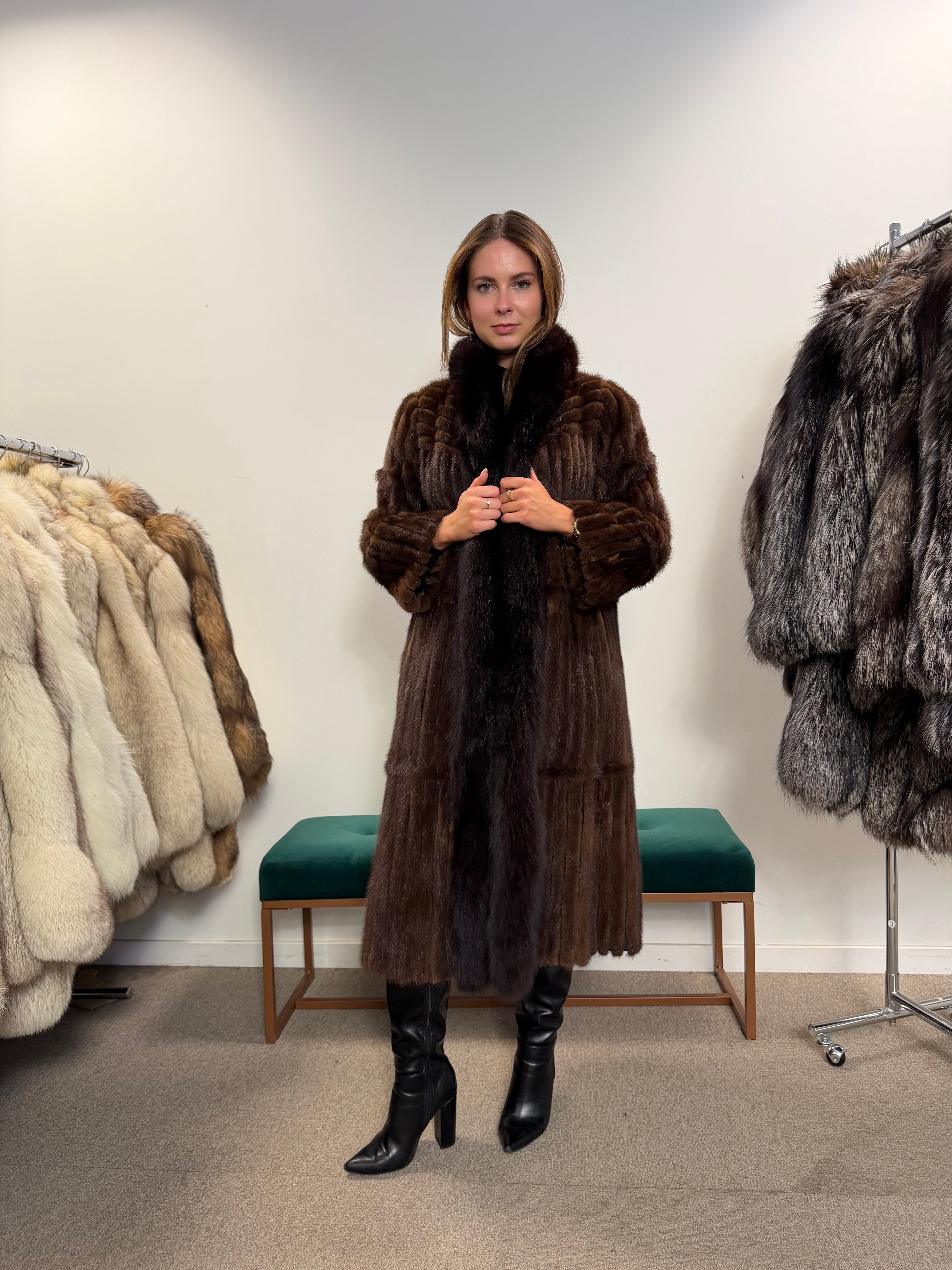 Brown Mink Fur Coat, Fox Collar, Size M
