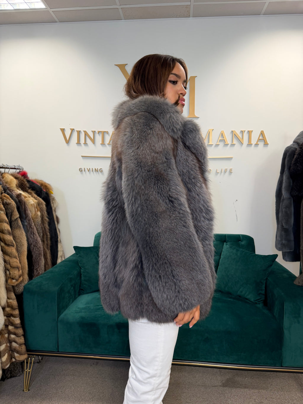 Blue Dyed Fox Fur Jacket, Short, Fits S XS