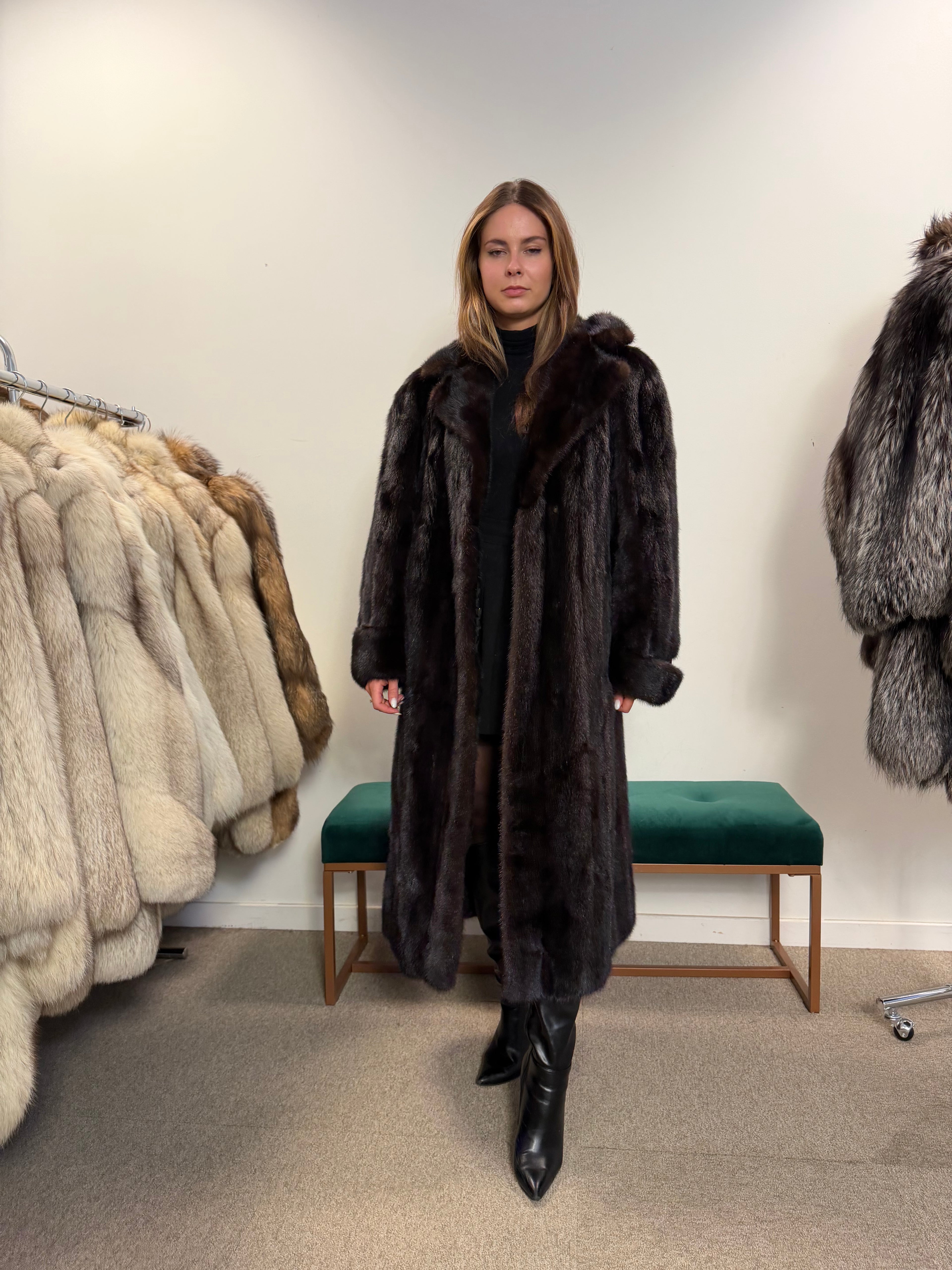 Mink Fur Coat, Dark Brown, Full Length, Size L