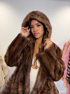 NEW Mink Fur Coat, Light Brown Hooded, Medium