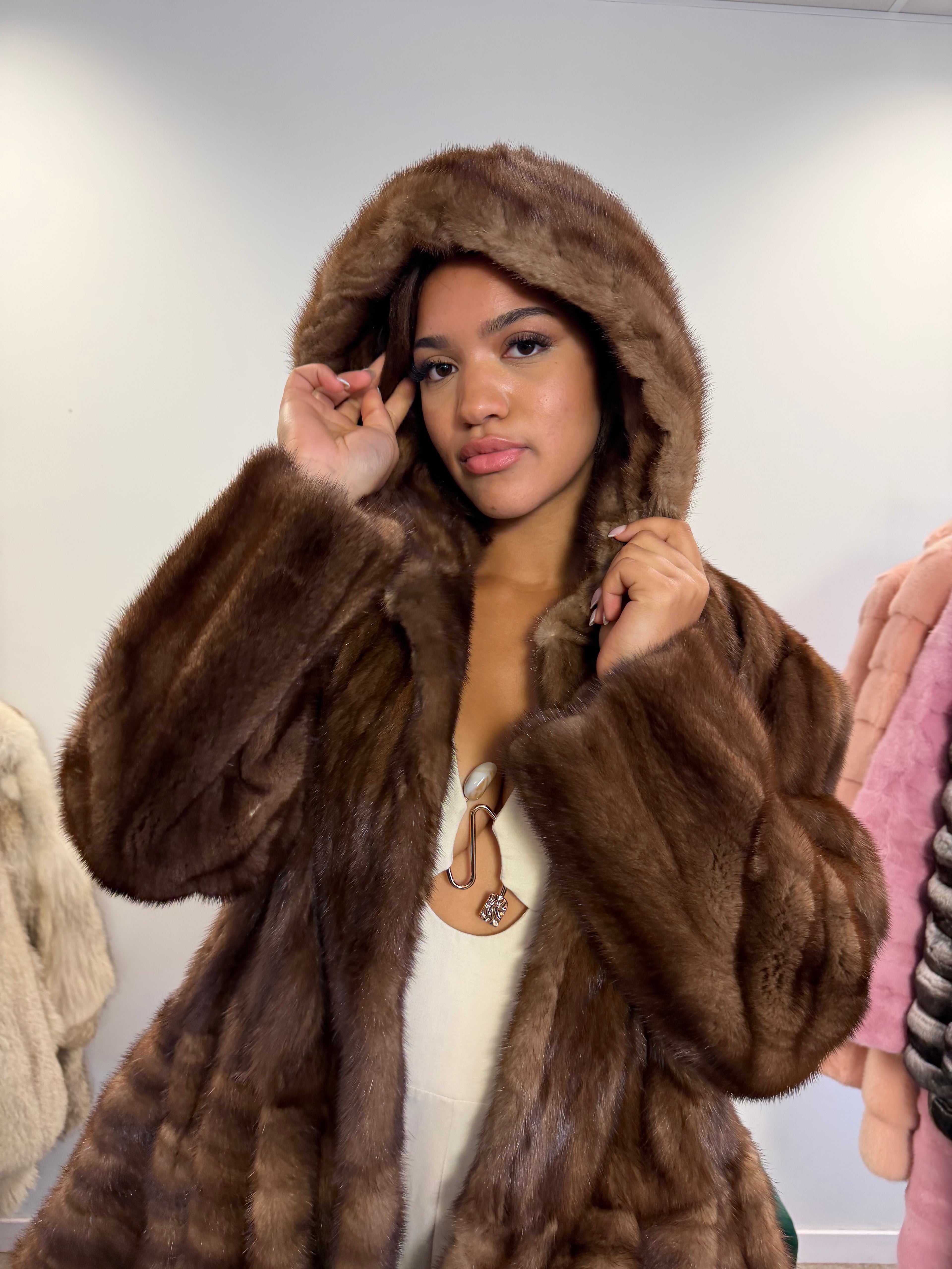 NEW Mink Fur Coat, Light Brown Hooded, Medium
