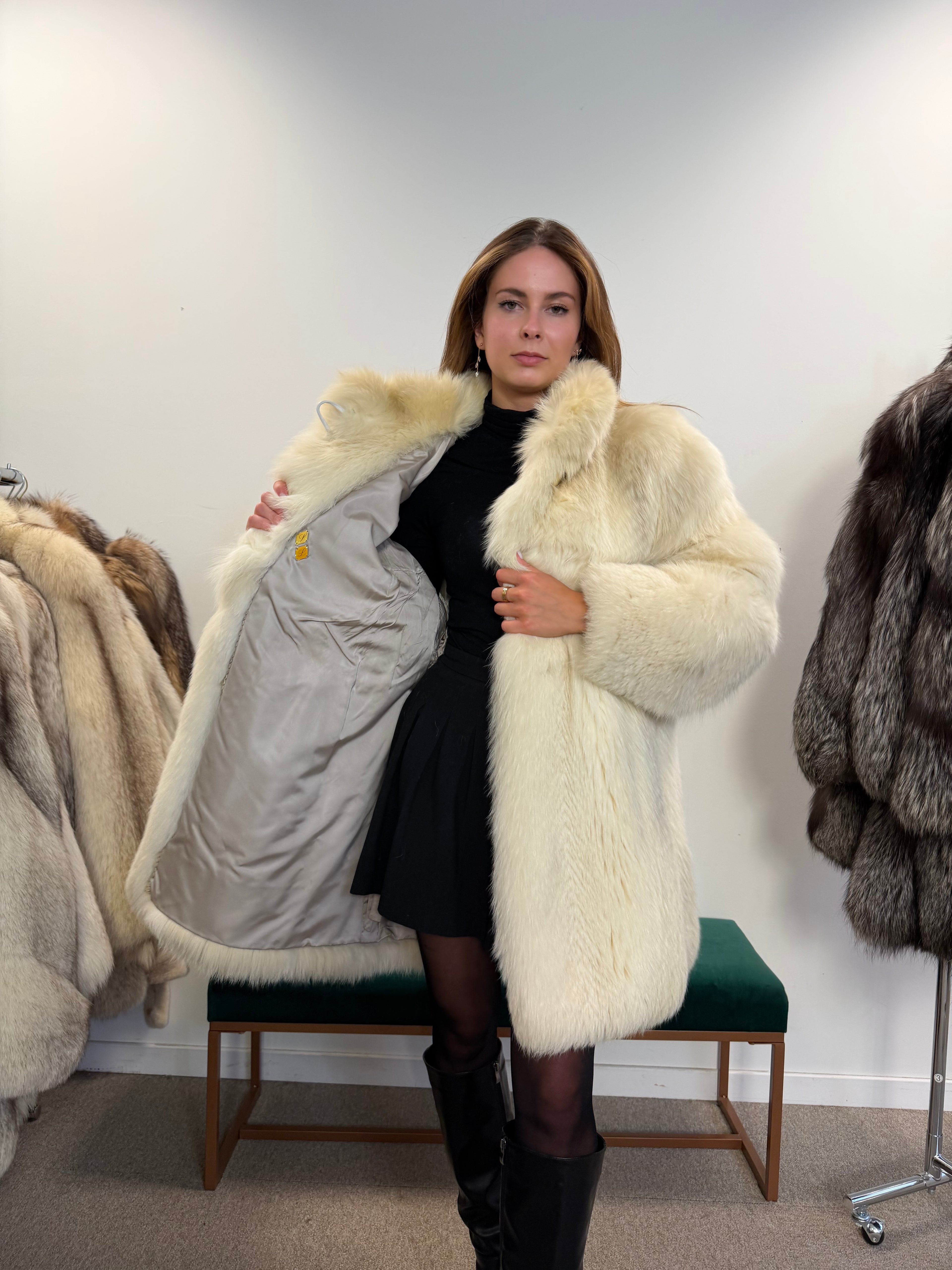 White Arctic Fox Real Fur Coat, Size XL