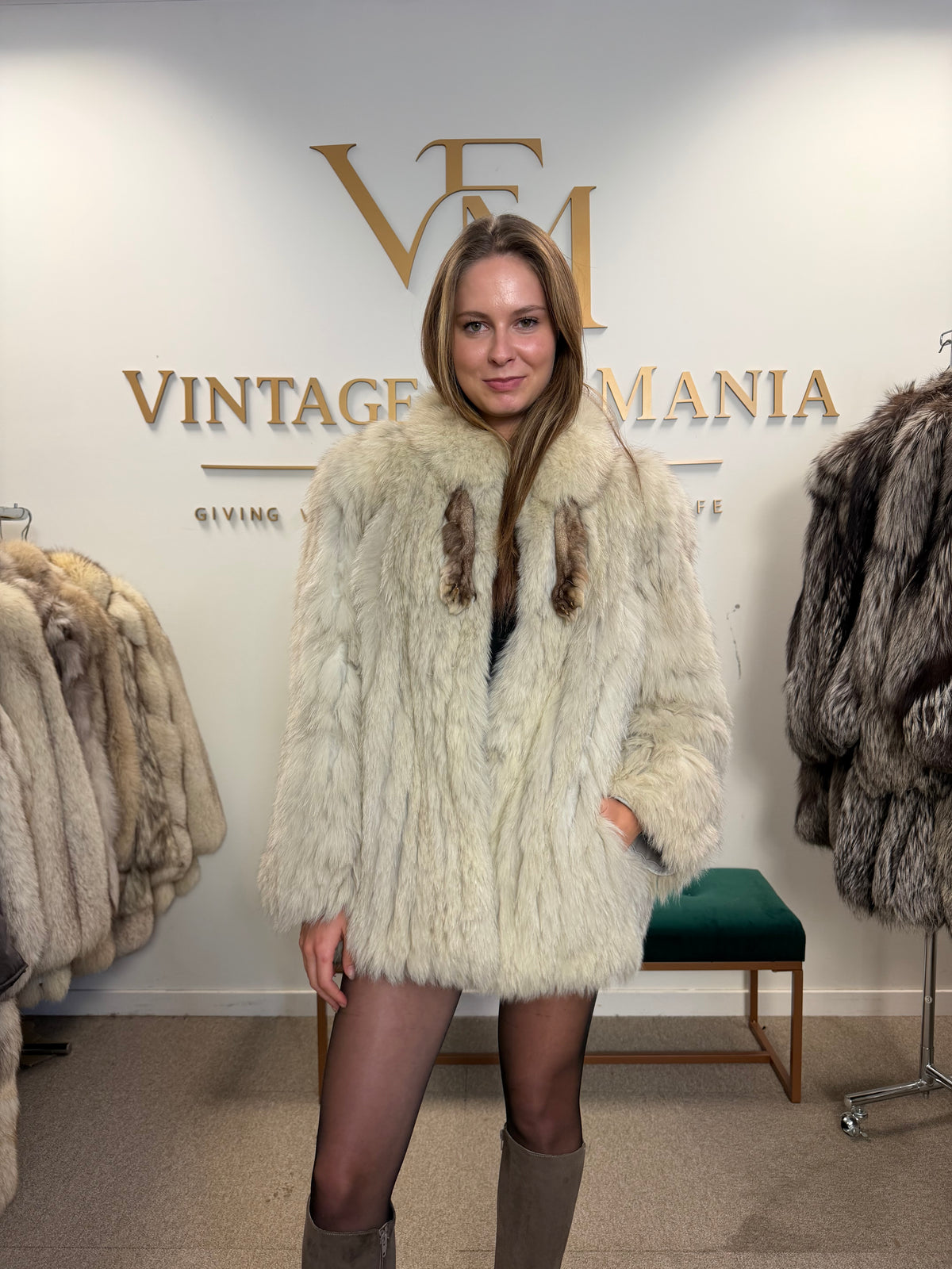 White SAGA Fox Fur Jacket, Medium