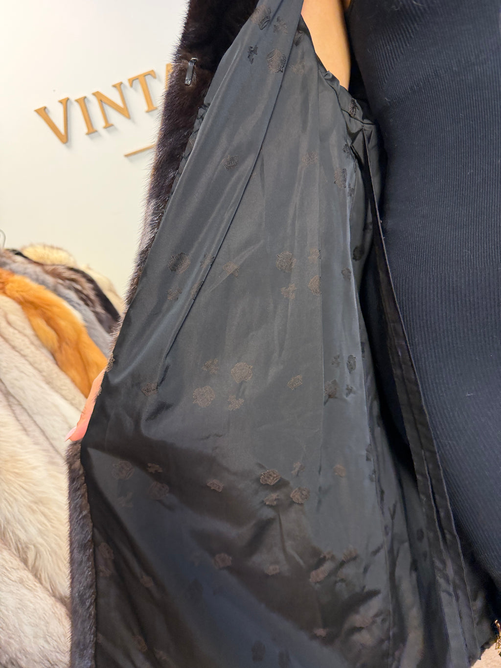 Mink Fur Coat, Dark Brown Almost Black, XL, Crown Lining