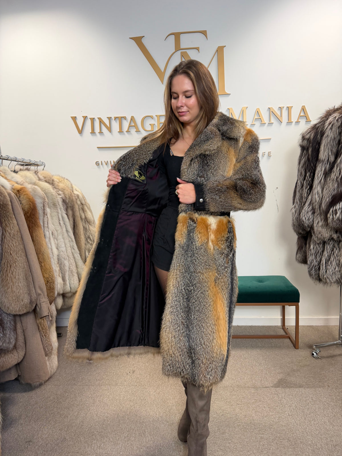 Grey Fox Fur Coat, Small, Black Leather