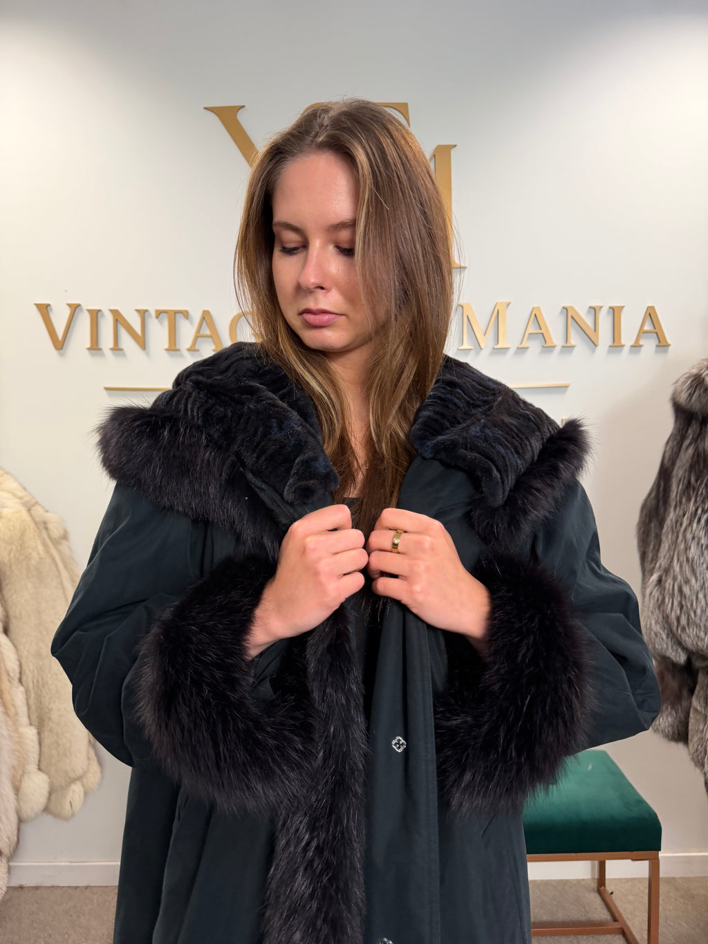 Blue & Black Mink-Lined Overcoat, XL, Hooded, Fox Collar