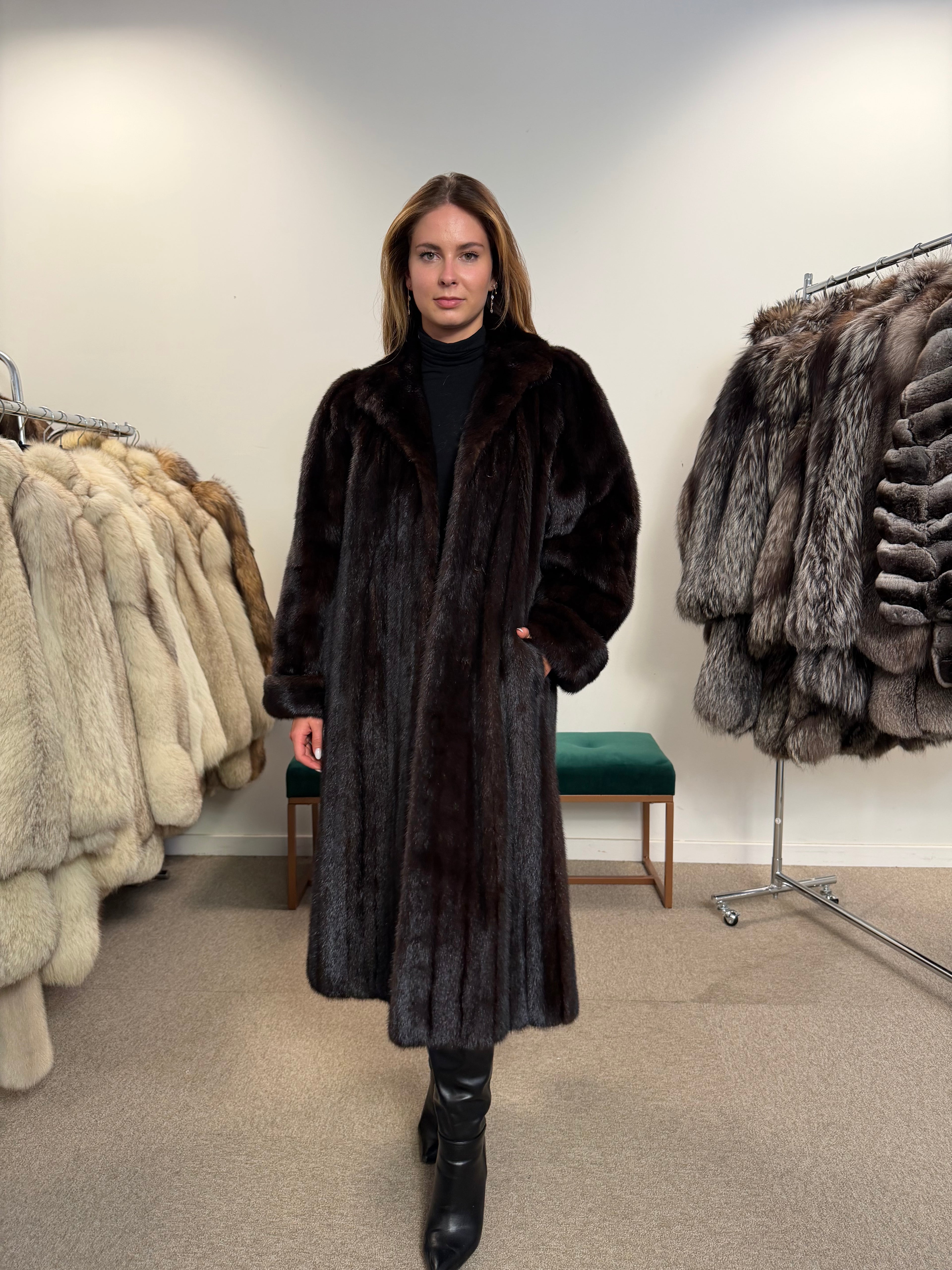 Mink Fur Coat, Dark Brown, Size L