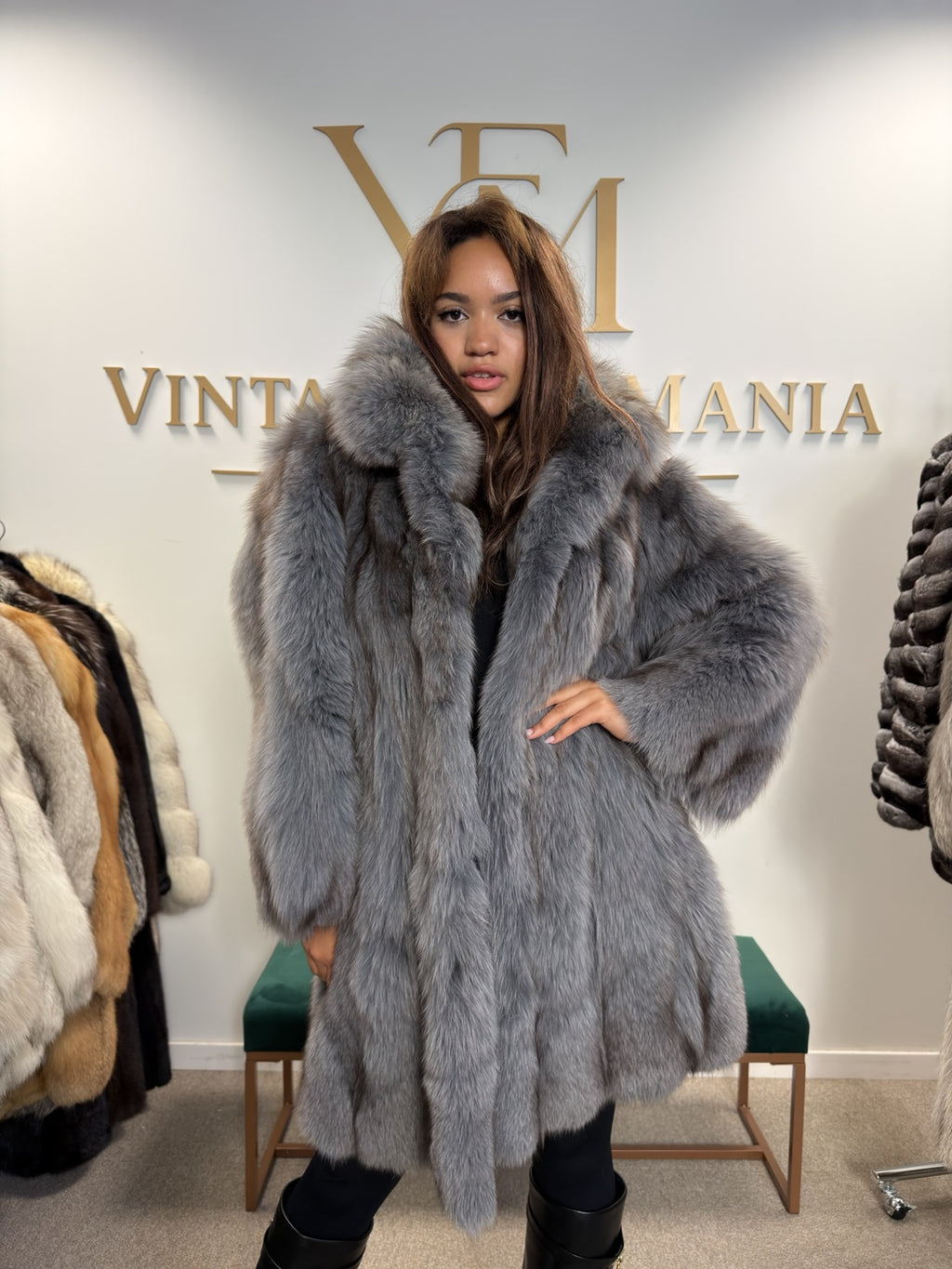 Blue Fox Fur Coat, Fluffy and Soft, Large
