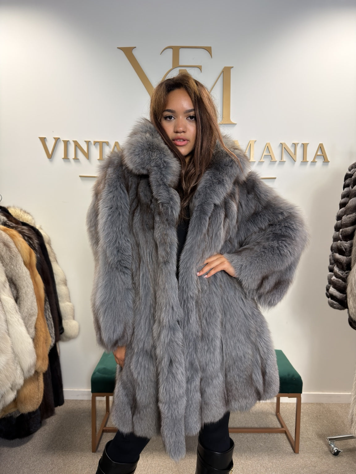 Blue Fox Fur Coat, Fluffy and Soft, Large