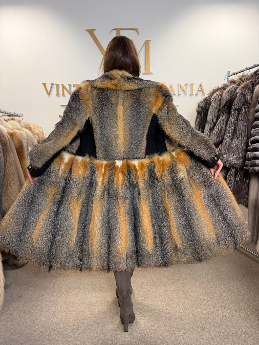 Grey Fox Fur Coat, Small, Black Leather