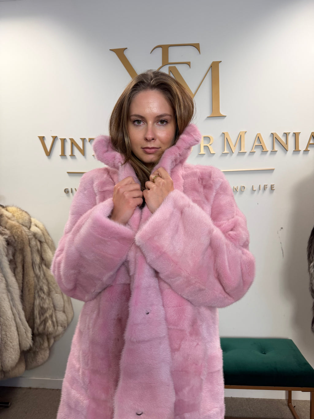 Mink Fur Coat, Pink Swinger, Size M/L