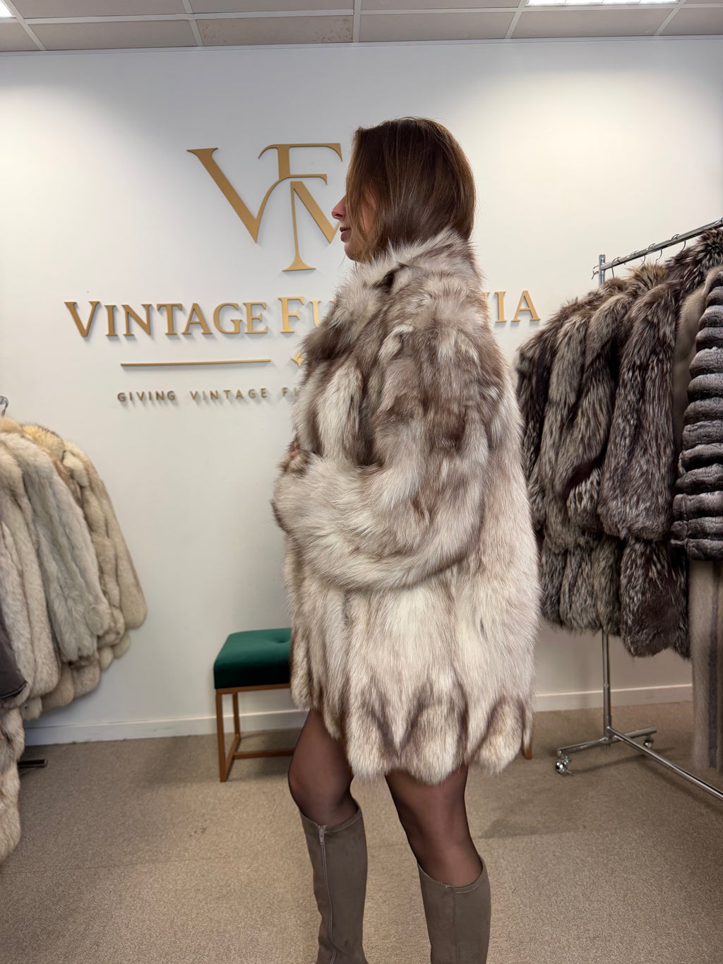 White Fox Fur Coat, Medium, Pieced, Light Weight