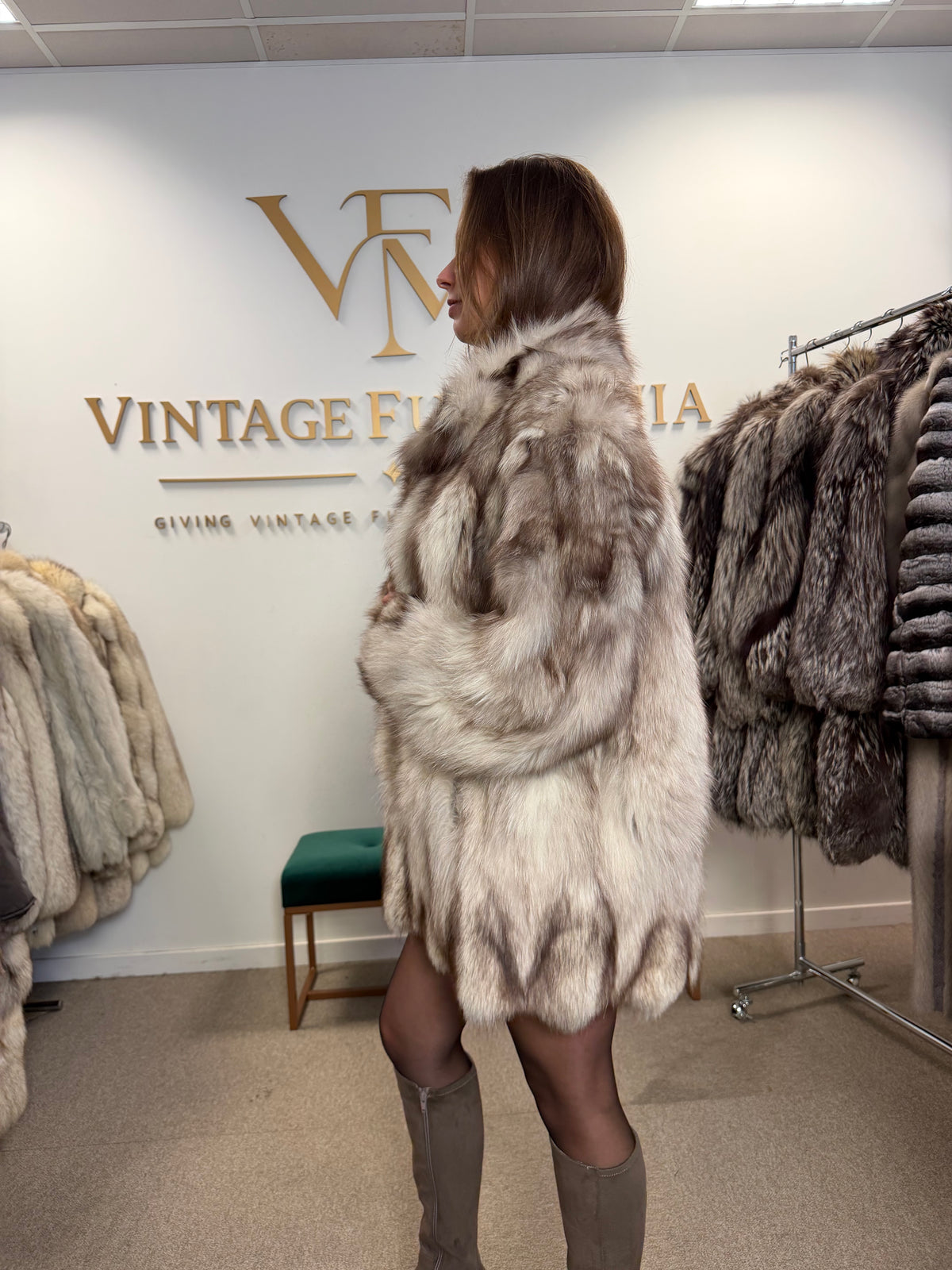 White Fox Fur Coat, Medium, Pieced, Light Weight