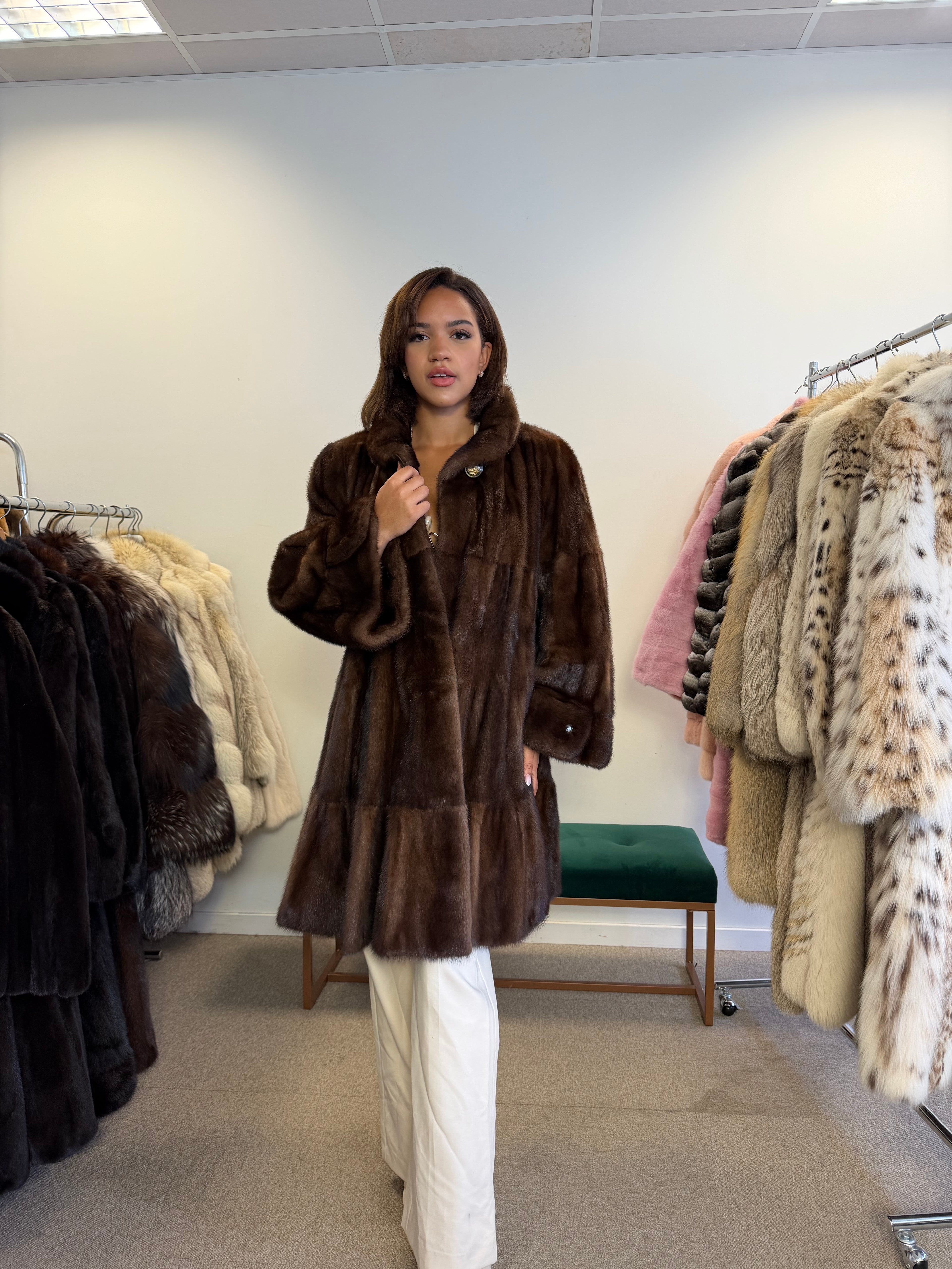 Mink Fur Coat, Brown Swinger, One Size
