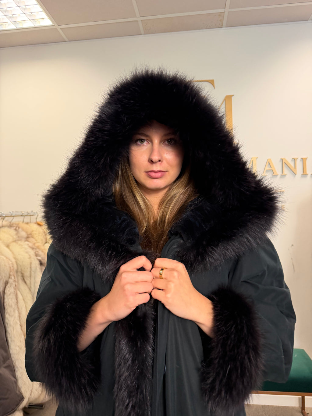 Blue & Black Mink-Lined Overcoat, XL, Hooded, Fox Collar