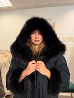 Blue & Black Mink-Lined Overcoat, XL, Hooded, Fox Collar