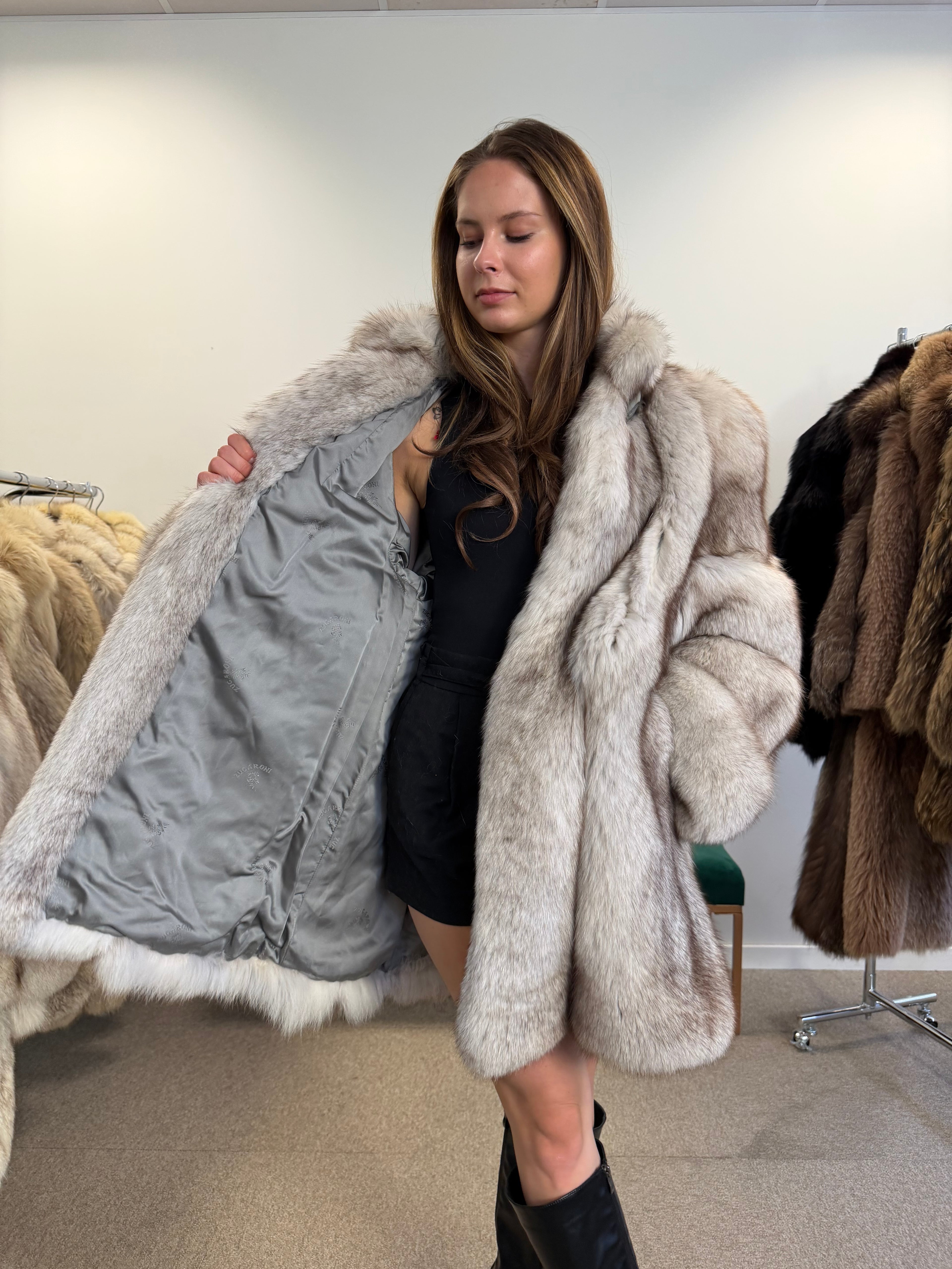 Real White Blue Fox Fur Coat, Bright White, Size M